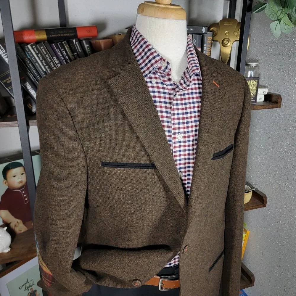 Bruno Conte Don Jonathan Men's Flannel Sport Coat Blazer‎ Two Button Brown XL